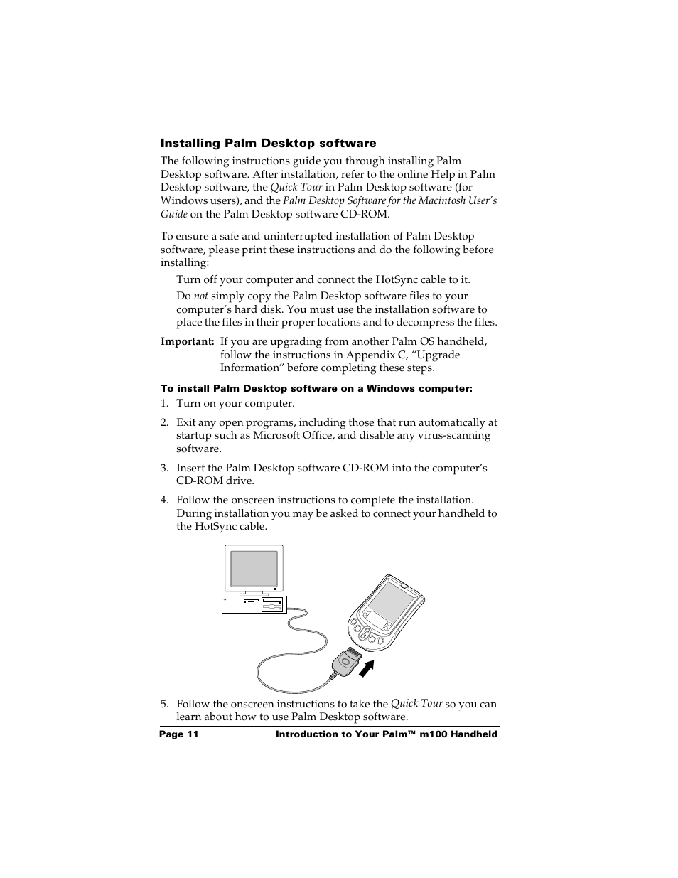 Installing palm desktop software | Palm m100 User Manual | Page 17 / 212