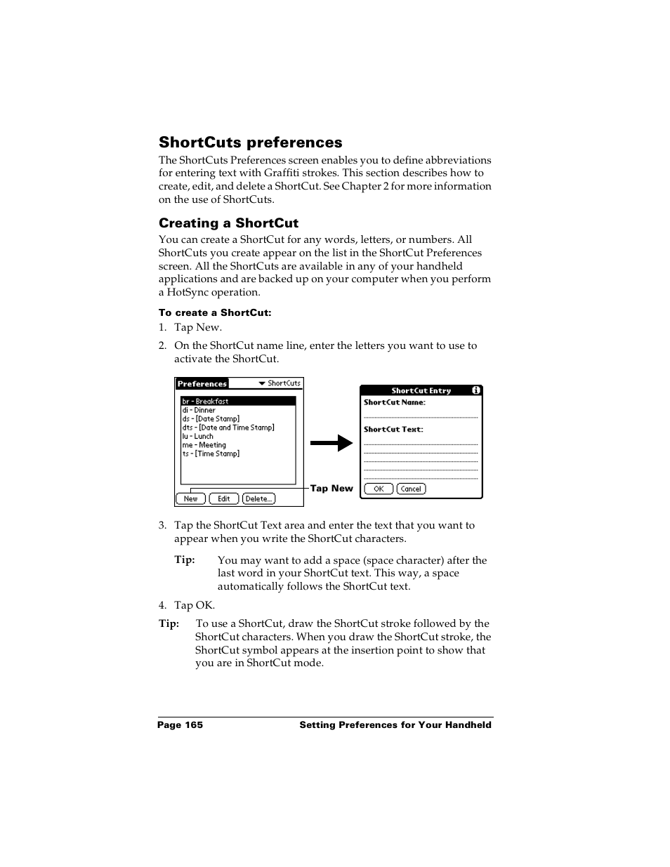 Shortcuts preferences, Creating a shortcut, To create a shortcut | Palm m100 User Manual | Page 171 / 212