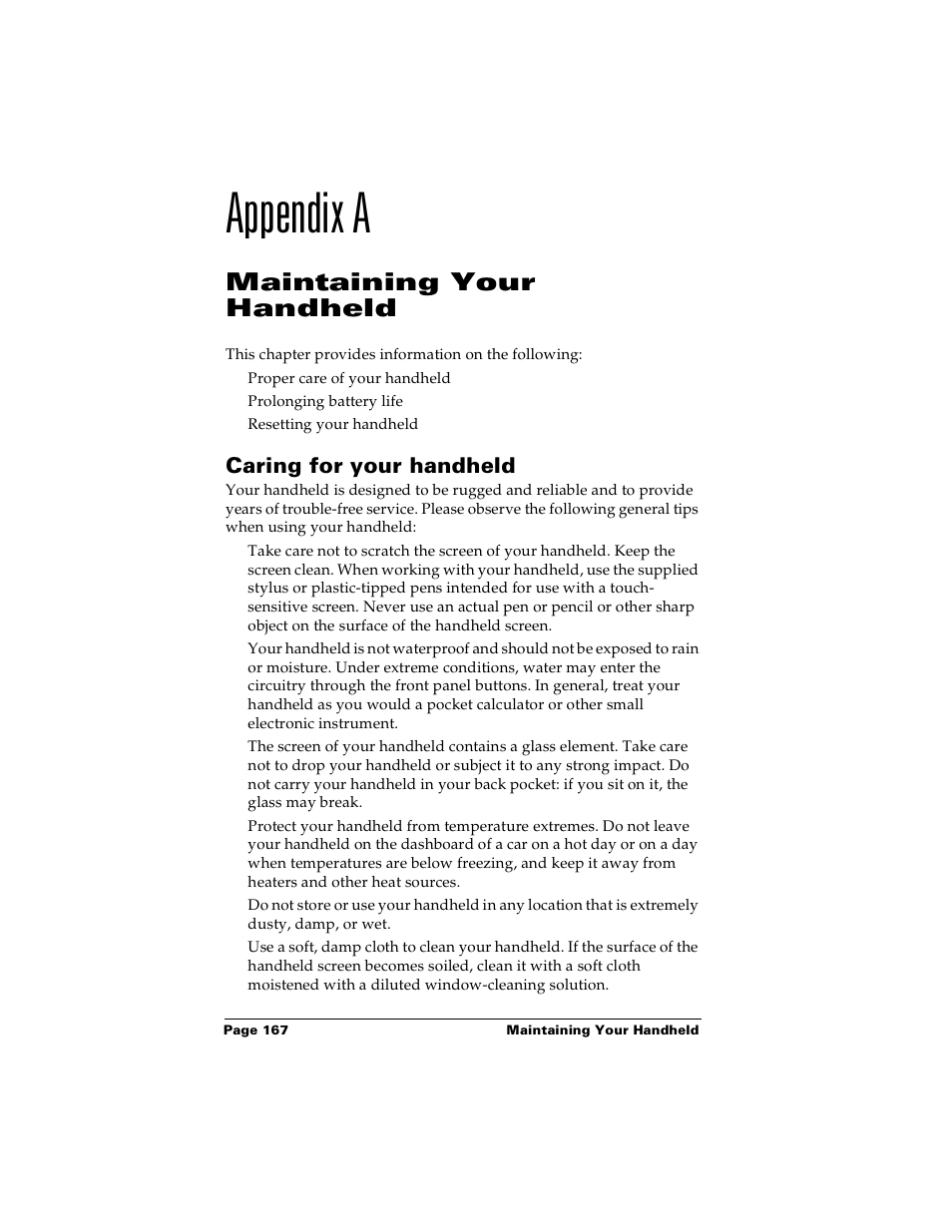 Appendix a, Maintaining your handheld, Caring for your handheld | Appendix a: maintaining your handheld, See appendix a | Palm m100 User Manual | Page 173 / 212