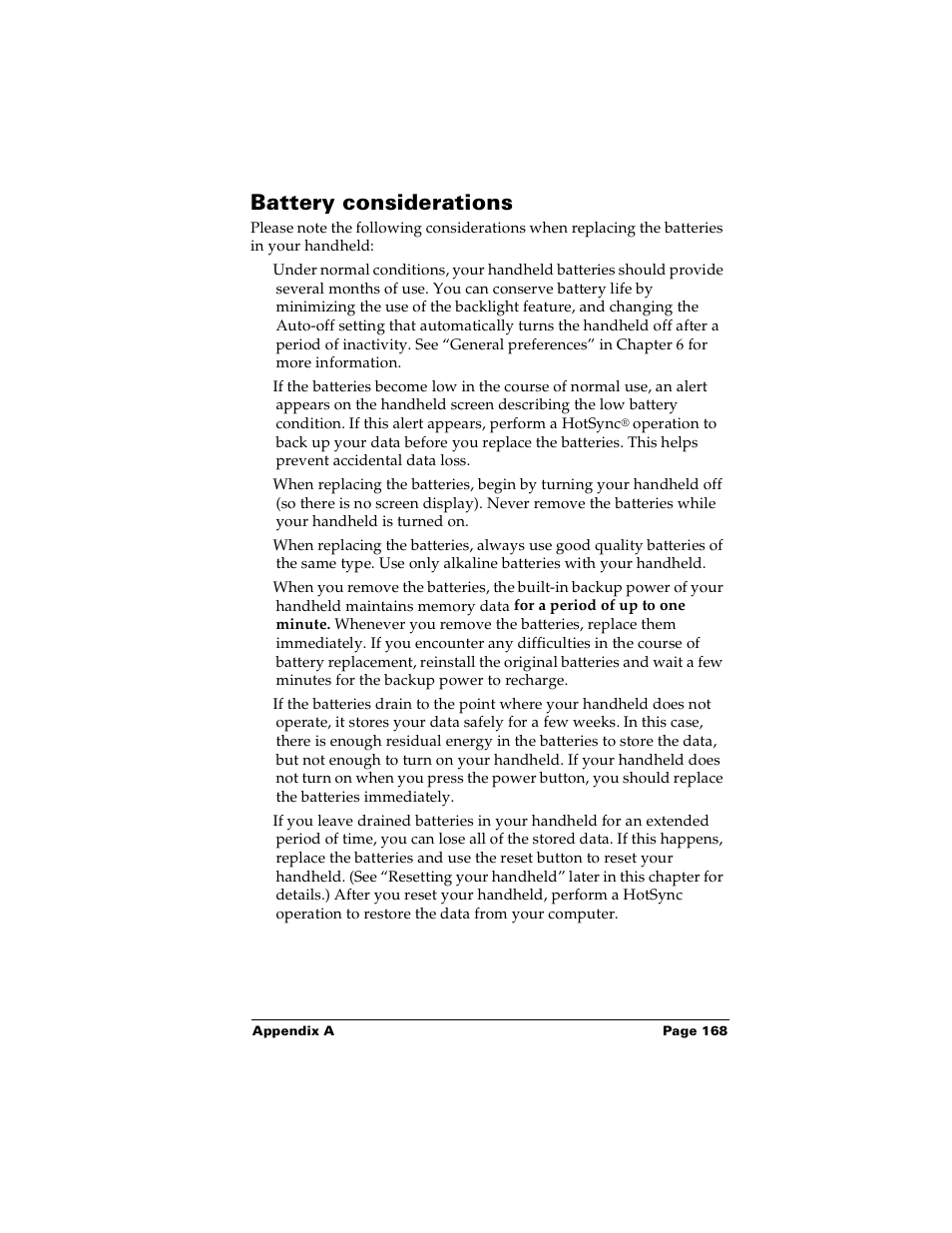 Battery considerations | Palm m100 User Manual | Page 174 / 212
