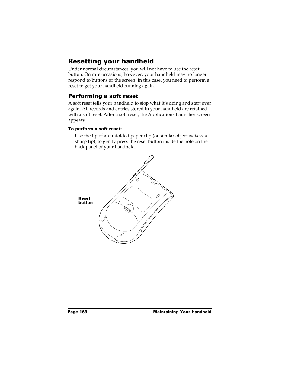 Resetting your handheld, Performing a soft reset, To perform a soft reset | Palm m100 User Manual | Page 175 / 212