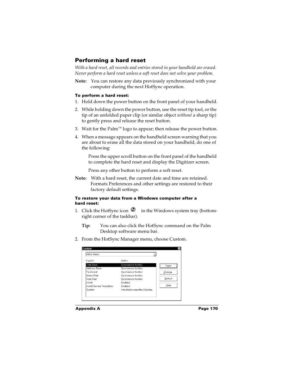 Performing a hard reset, To perform a hard reset | Palm m100 User Manual | Page 176 / 212