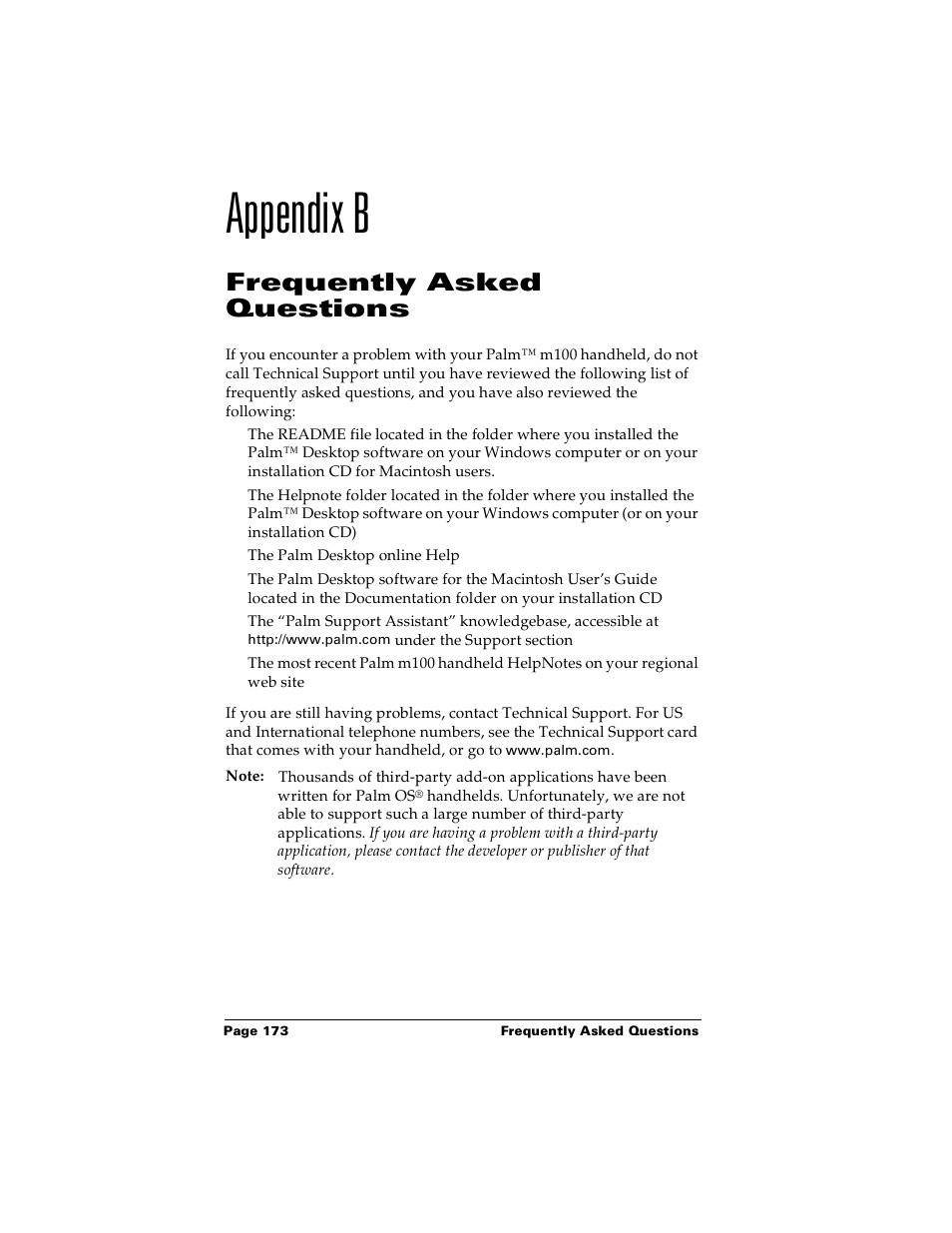 Appendix b, Frequently asked questions, Appendix b: frequently asked questions | Palm m100 User Manual | Page 179 / 212