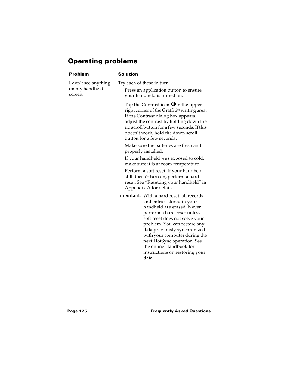 Operating problems | Palm m100 User Manual | Page 181 / 212