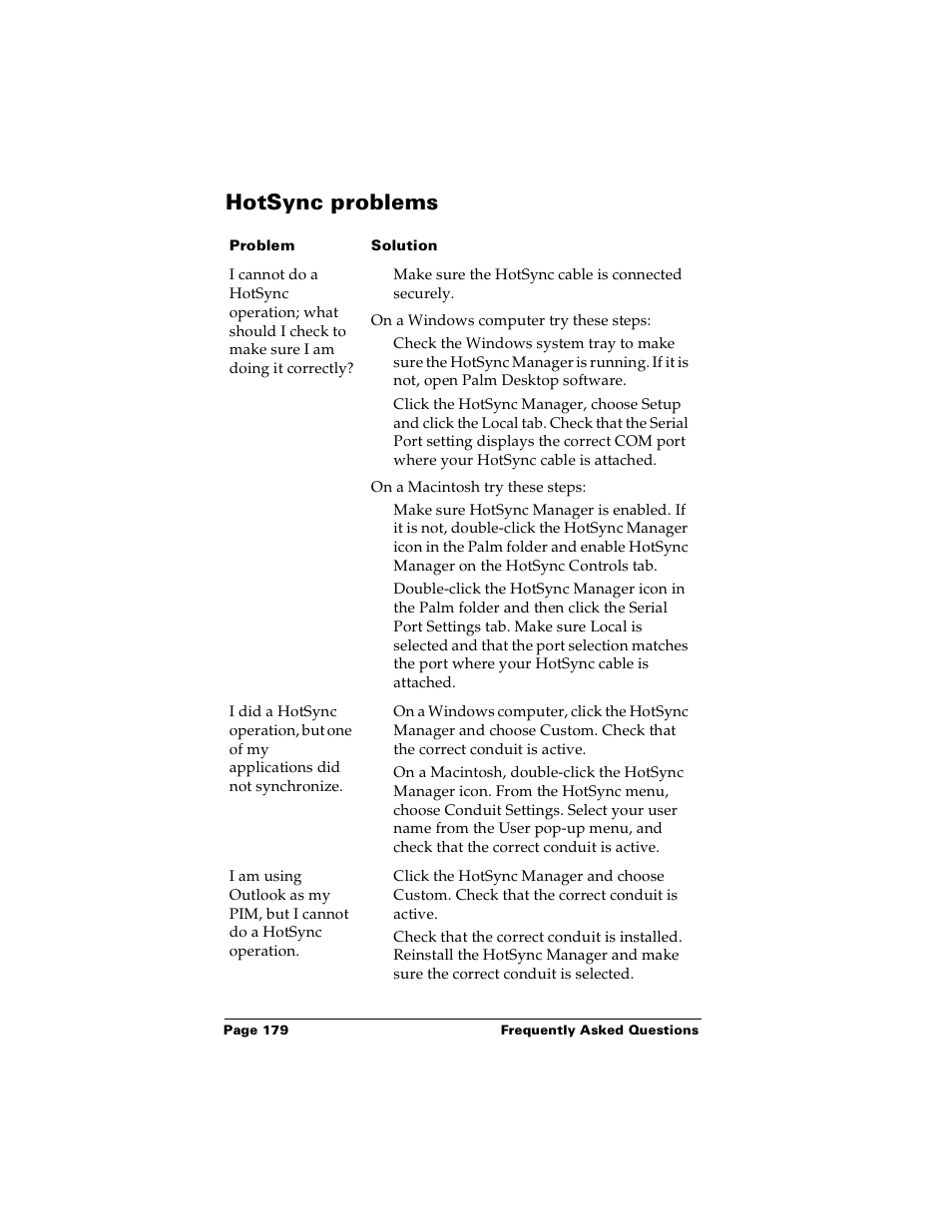 Hotsync problems | Palm m100 User Manual | Page 185 / 212