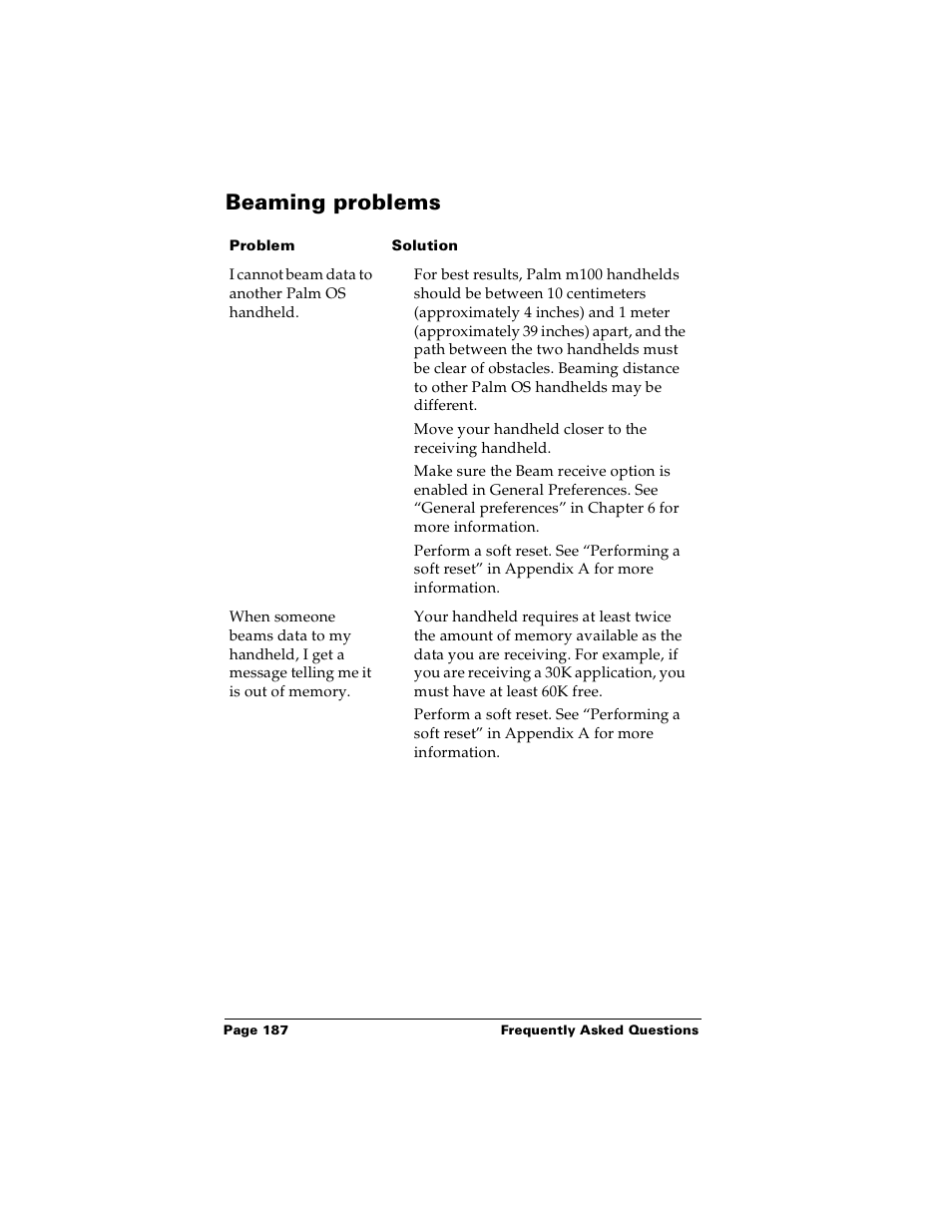 Beaming problems | Palm m100 User Manual | Page 193 / 212