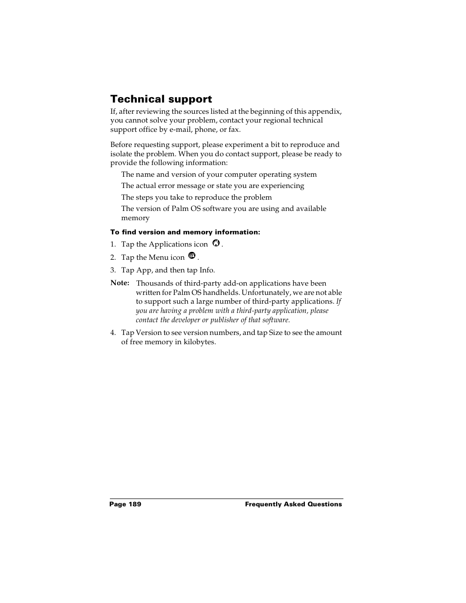 Technical support, To find version and memory information | Palm m100 User Manual | Page 195 / 212