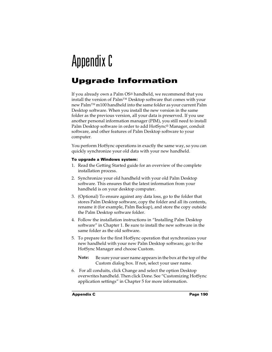 Appendix c, Upgrade information, To upgrade a windows system | Appendix c: upgrade information | Palm m100 User Manual | Page 196 / 212