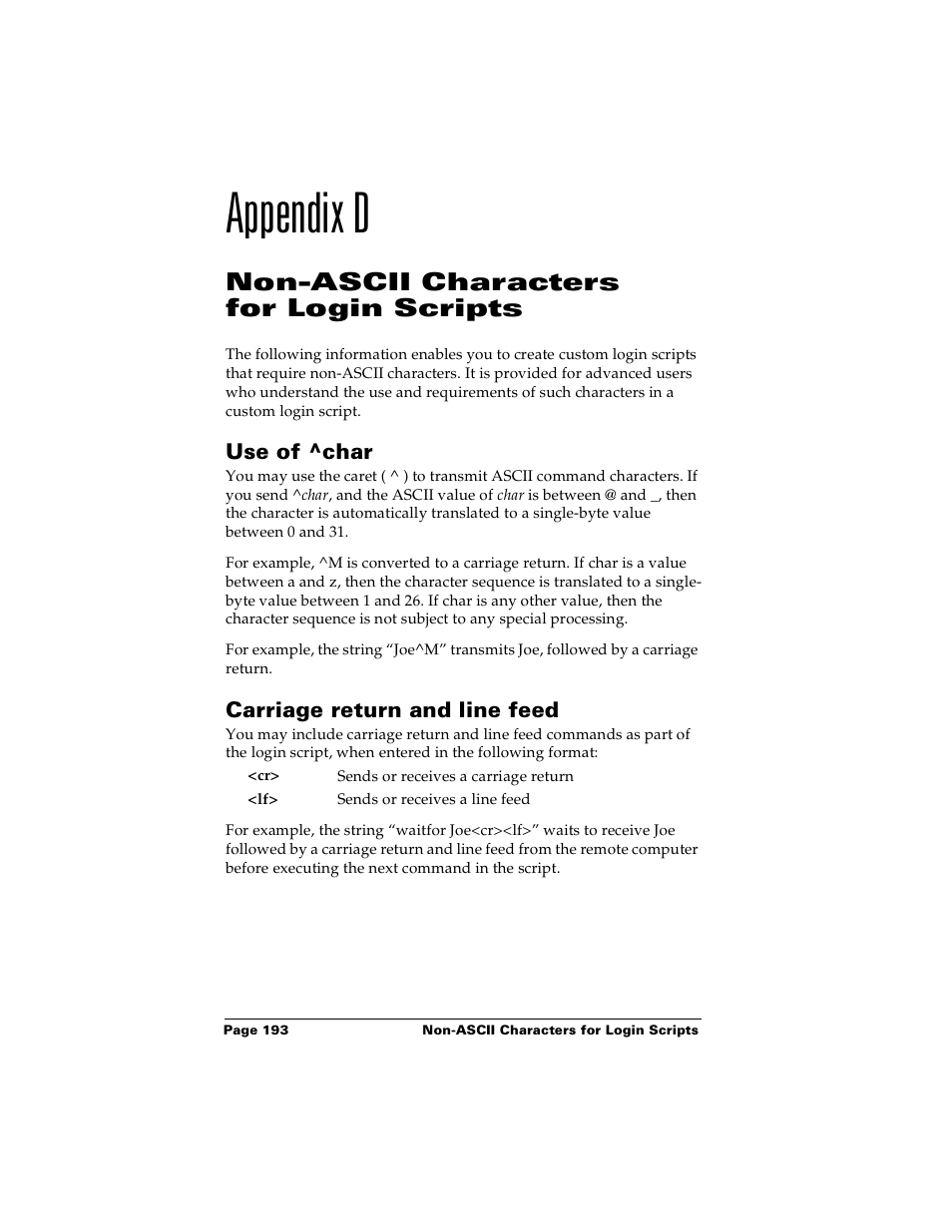 Appendix d, Non-ascii characters for login scripts, Use of ^char | Carriage return and line feed, Appendix d: non-ascii characters for login scripts, Use of ^char carriage return and line feed | Palm m100 User Manual | Page 199 / 212