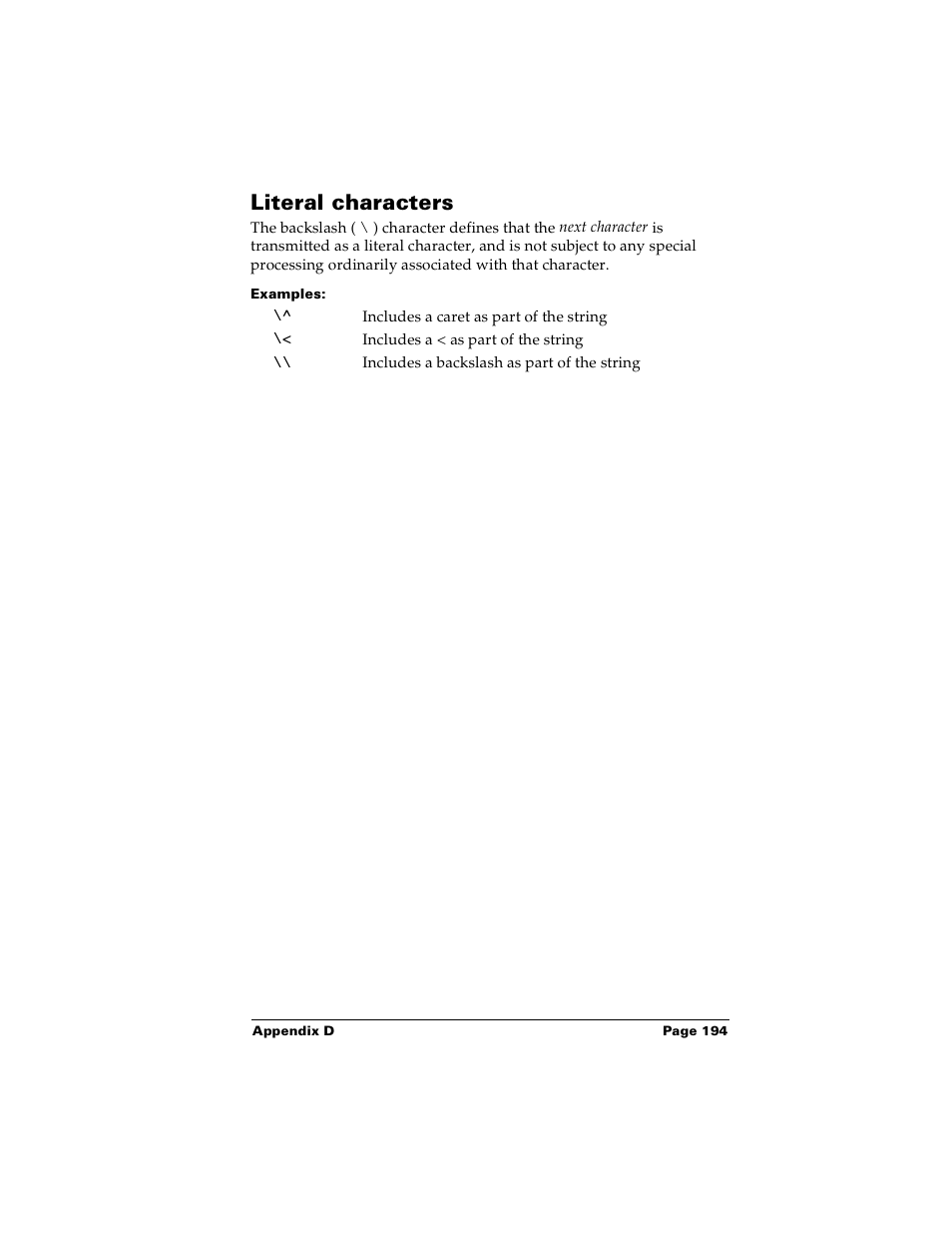 Literal characters, Examples | Palm m100 User Manual | Page 200 / 212