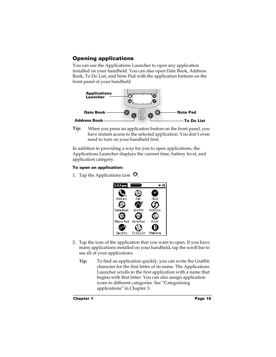 Opening applications, To open an application | Palm m100 User Manual | Page 22 / 212