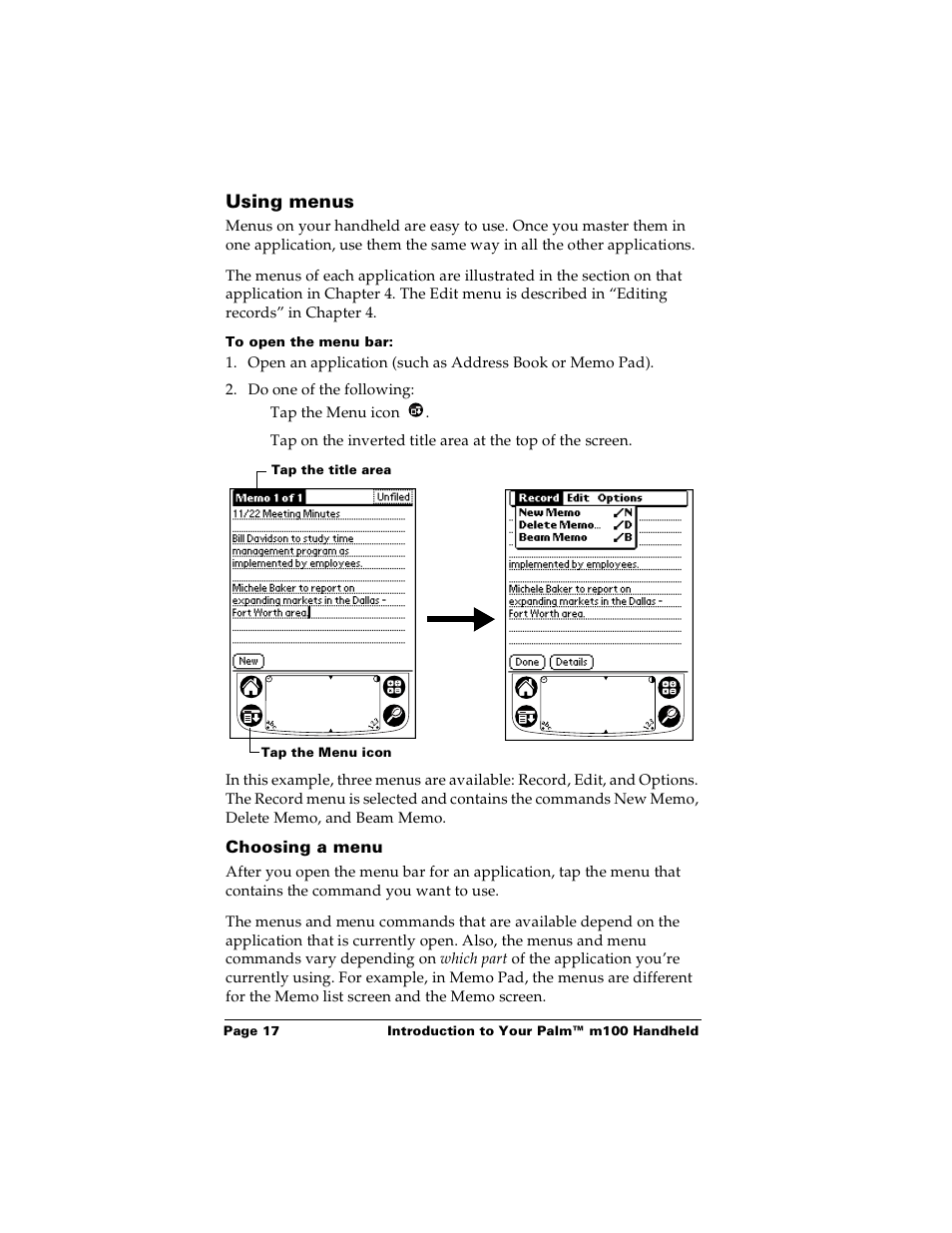 Using menus, To open the menu bar, Choosing a menu | Palm m100 User Manual | Page 23 / 212