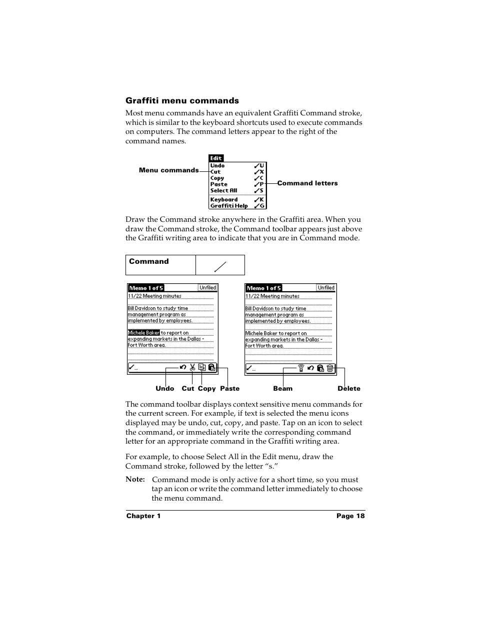 Graffiti menu commands | Palm m100 User Manual | Page 24 / 212
