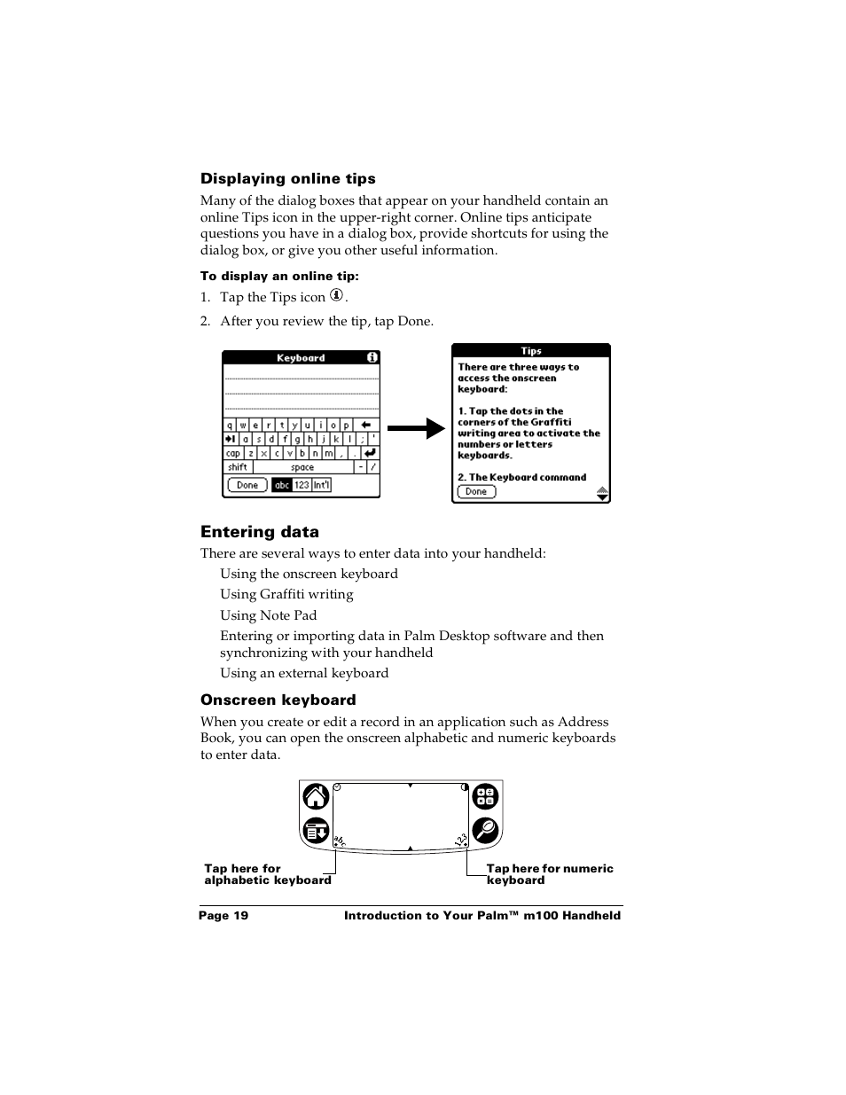 Displaying online tips, To display an online tip, Entering data | Onscreen keyboard | Palm m100 User Manual | Page 25 / 212