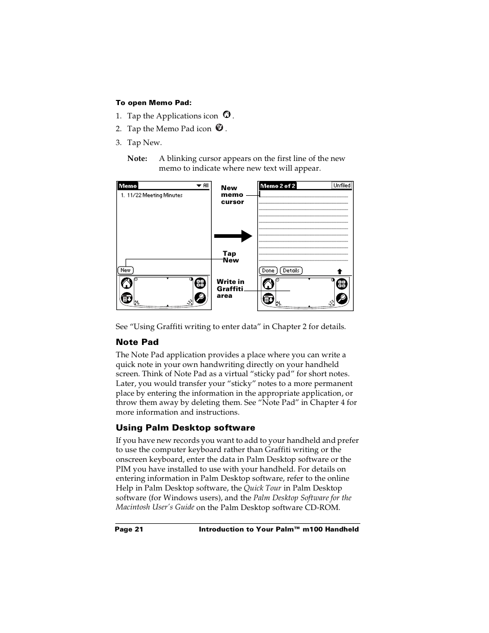 To open memo pad, Note pad, Using palm desktop software | Palm m100 User Manual | Page 27 / 212