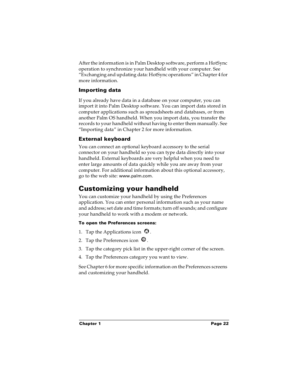 Importing data, External keyboard, Customizing your handheld | To open the preferences screens | Palm m100 User Manual | Page 28 / 212