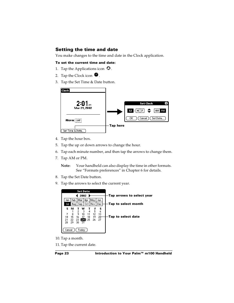 Setting the time and date, To set the current time and date | Palm m100 User Manual | Page 29 / 212