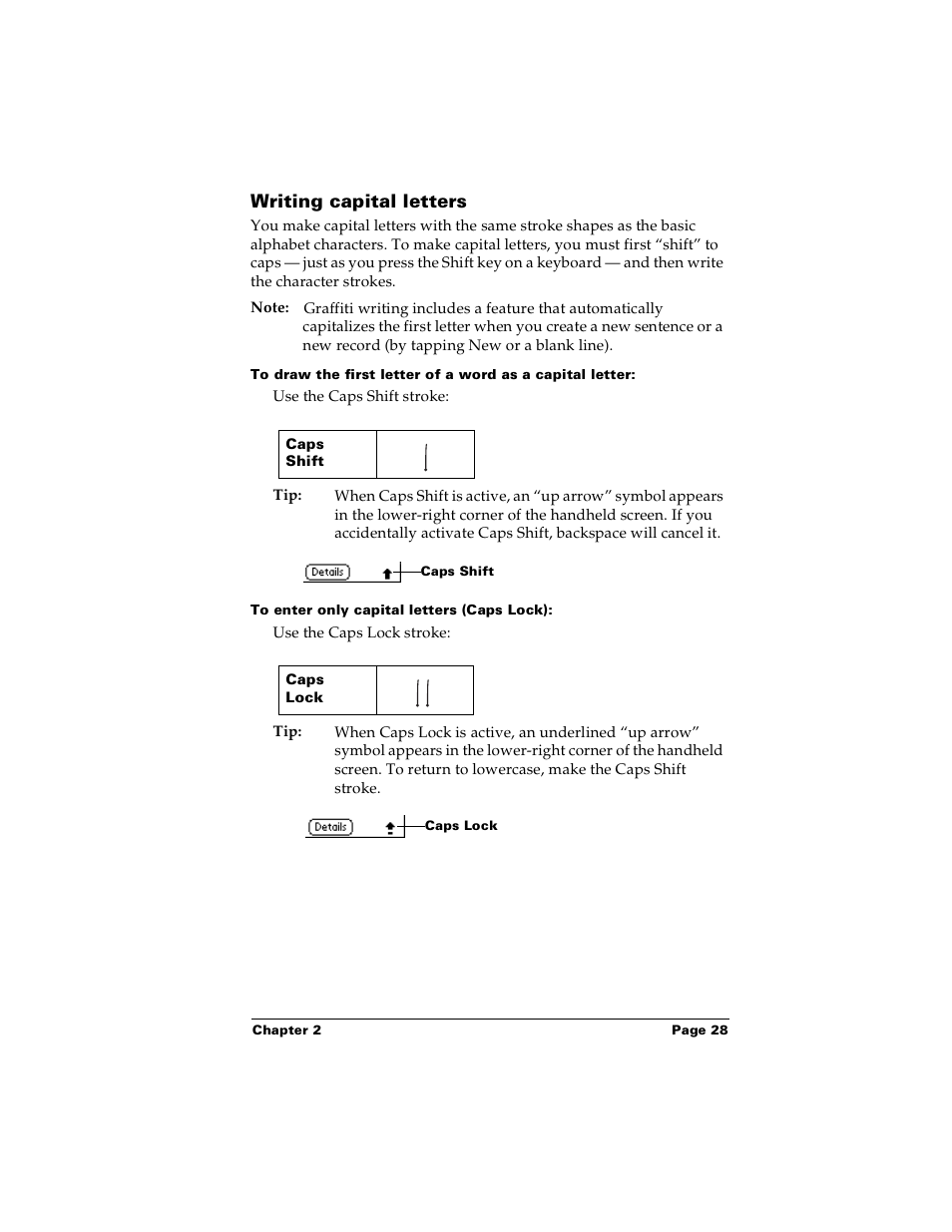 Writing capital letters, To enter only capital letters (caps lock) | Palm m100 User Manual | Page 34 / 212