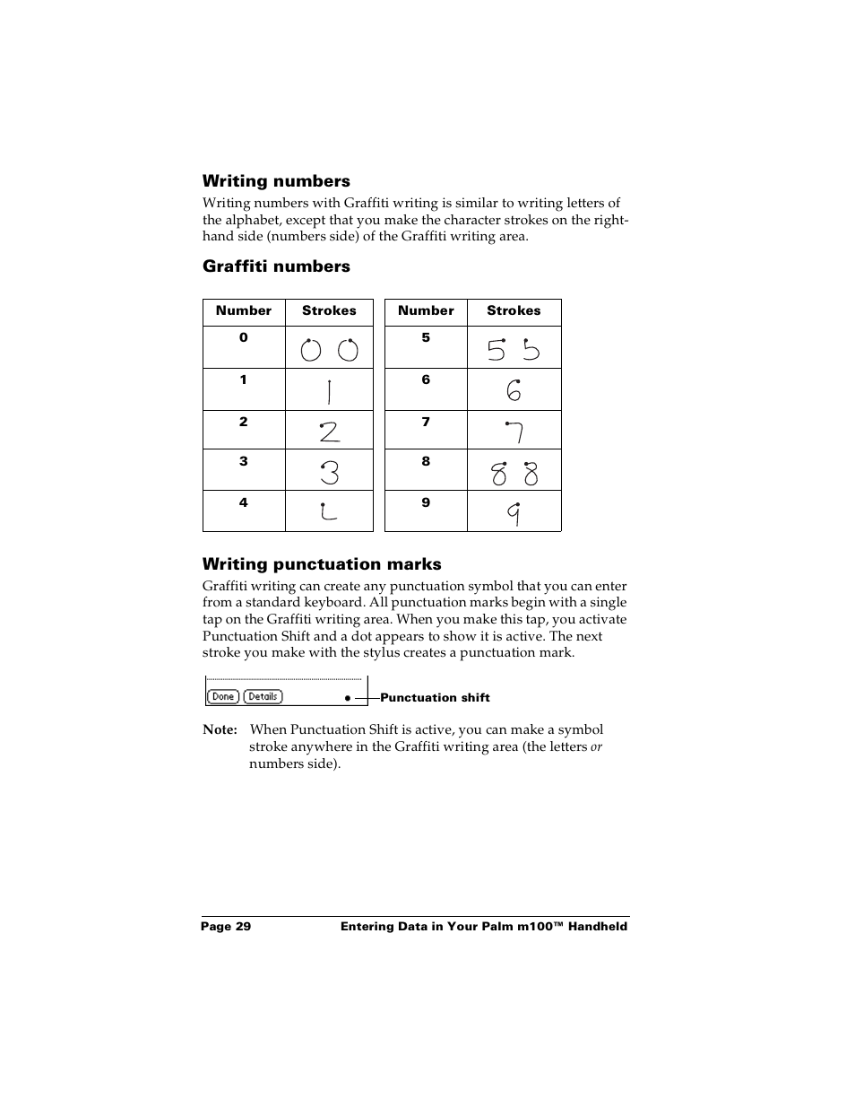 Writing numbers, Graffiti numbers, Writing punctuation marks | Graffiti numbers writing punctuation marks | Palm m100 User Manual | Page 35 / 212