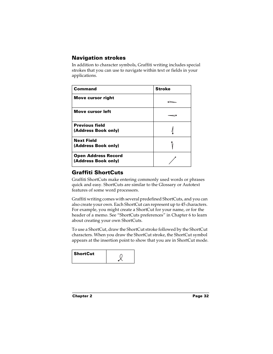 Navigation strokes, Graffiti shortcuts, Navigation strokes graffiti shortcuts | Palm m100 User Manual | Page 38 / 212