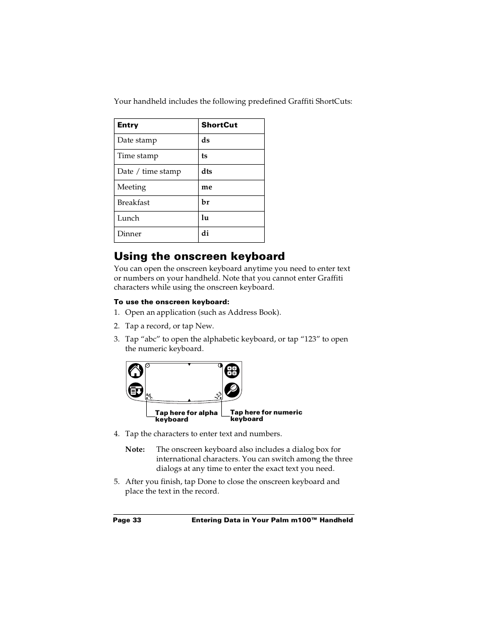 Using the onscreen keyboard, To use the onscreen keyboard | Palm m100 User Manual | Page 39 / 212