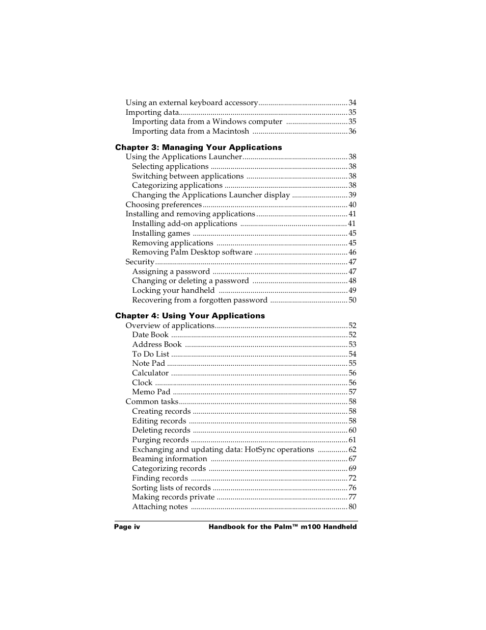 Palm m100 User Manual | Page 4 / 212