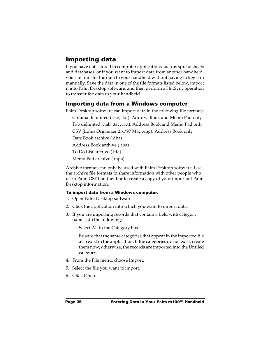 Importing data, Importing data from a windows computer, To import data from a windows computer | Palm m100 User Manual | Page 41 / 212