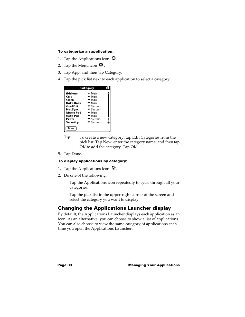 To categorize an application, To display applications by category, Changing the applications launcher display | Palm m100 User Manual | Page 45 / 212