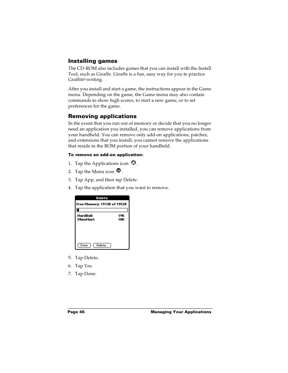 Installing games, Removing applications, To remove an add-on application | Installing games removing applications | Palm m100 User Manual | Page 51 / 212