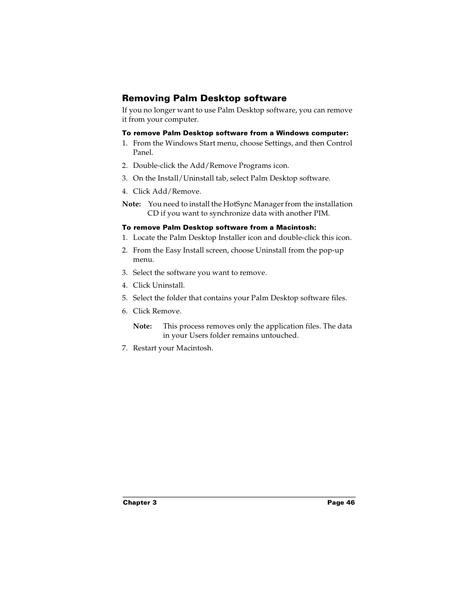 Removing palm desktop software, To remove palm desktop software from a macintosh | Palm m100 User Manual | Page 52 / 212