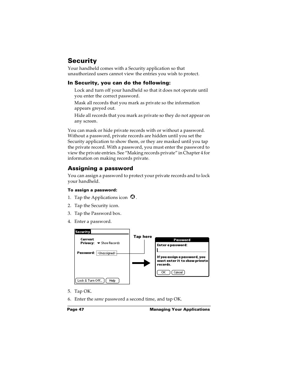 Security, In security, you can do the following, Assigning a password | To assign a password | Palm m100 User Manual | Page 53 / 212