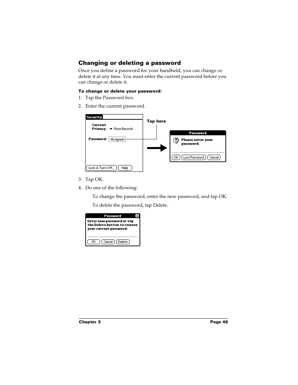 Changing or deleting a password, To change or delete your password | Palm m100 User Manual | Page 54 / 212