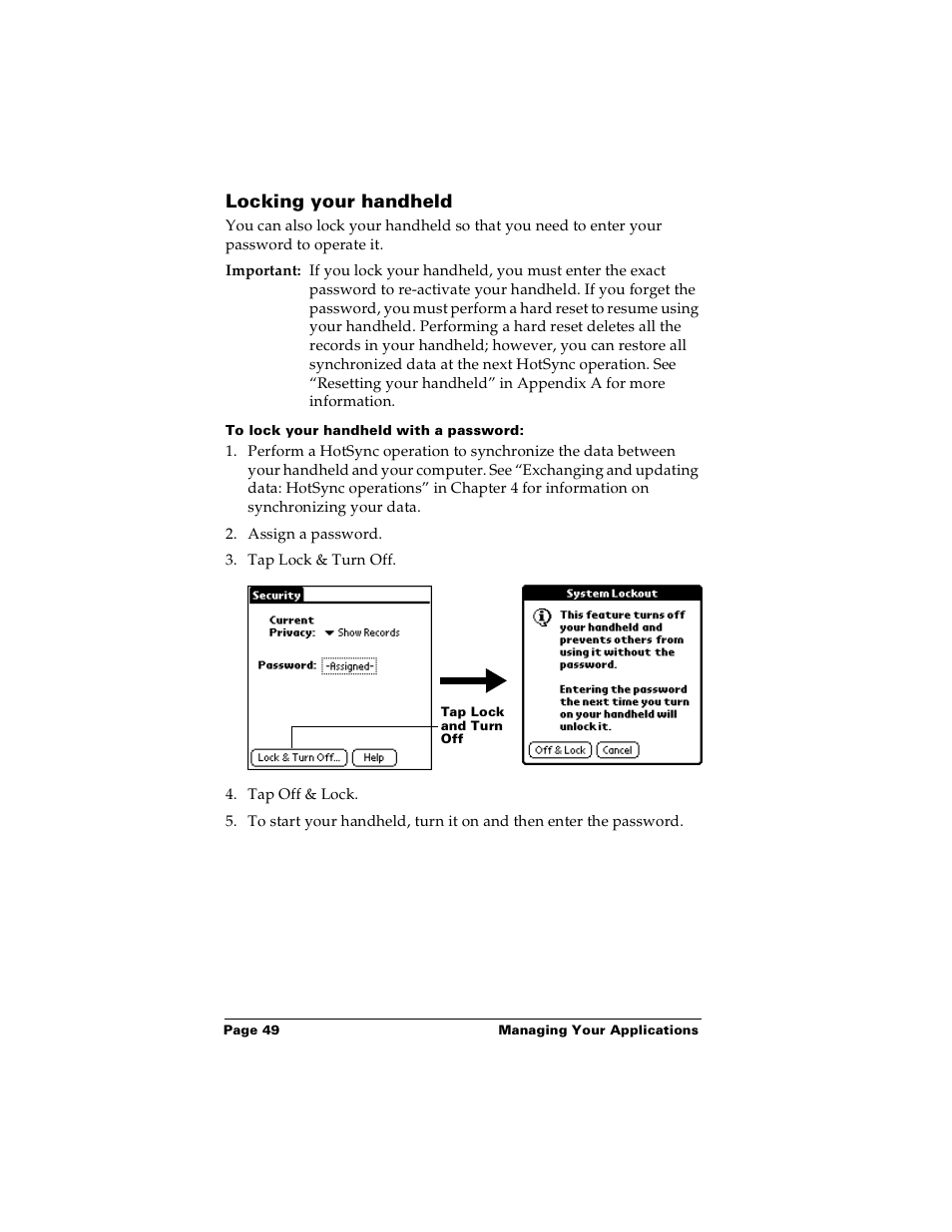 Locking your handheld, To lock your handheld with a password | Palm m100 User Manual | Page 55 / 212