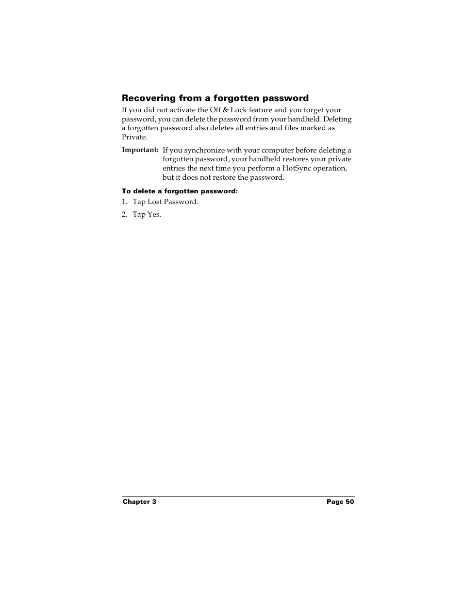 Recovering from a forgotten password, To delete a forgotten password | Palm m100 User Manual | Page 56 / 212