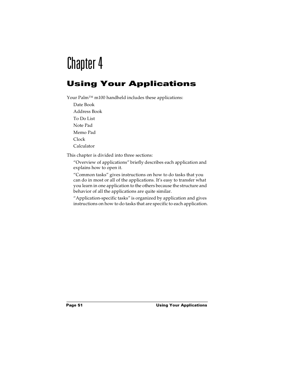 Chapter 4, Using your applications, Chapter 4: using your applications | Palm m100 User Manual | Page 57 / 212