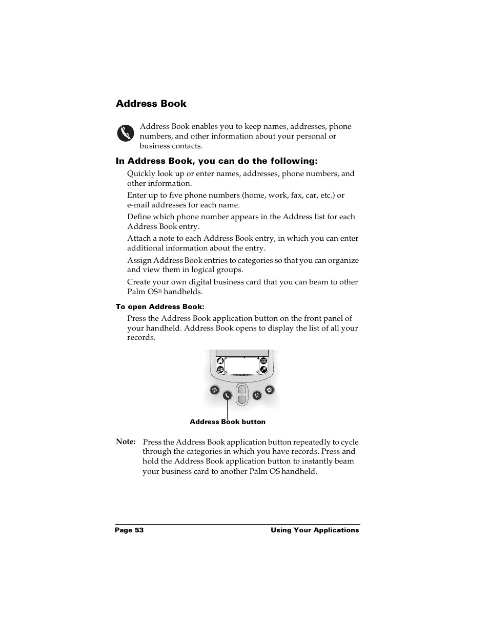 Address book, In address book, you can do the following, To open address book | Palm m100 User Manual | Page 59 / 212