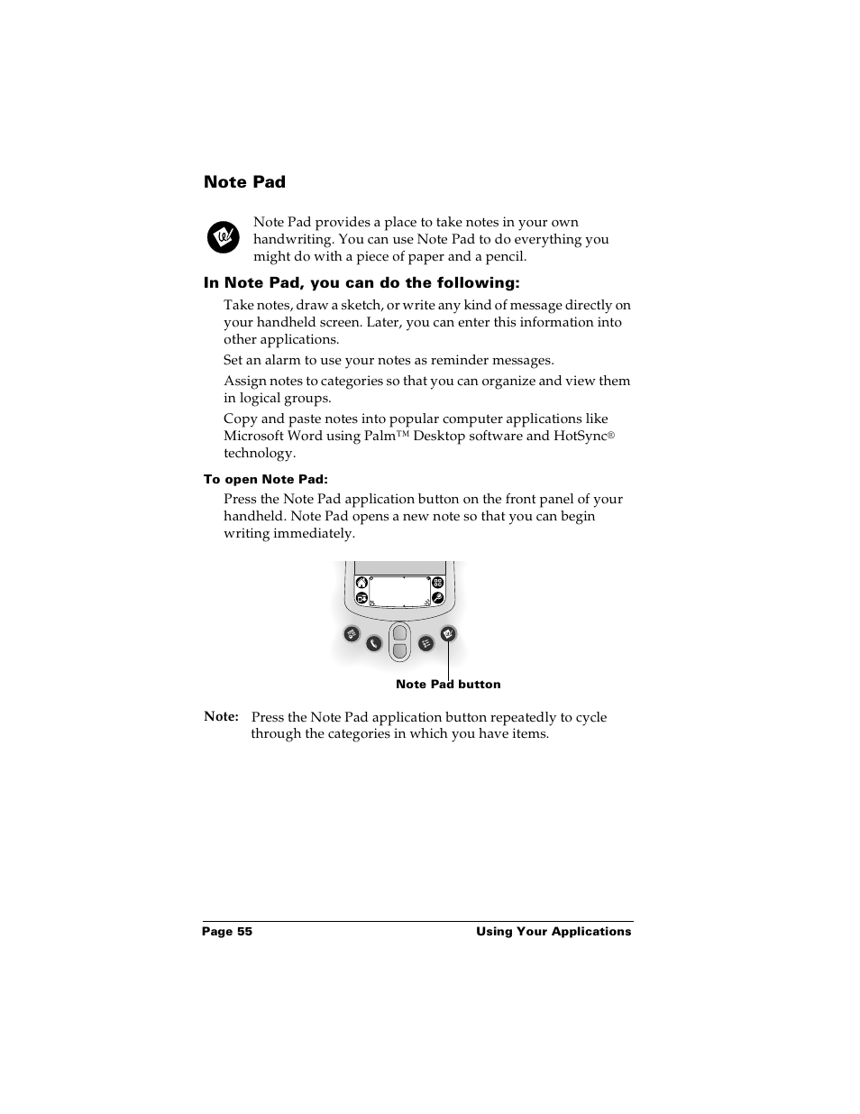 Note pad, In note pad, you can do the following, To open note pad | Palm m100 User Manual | Page 61 / 212
