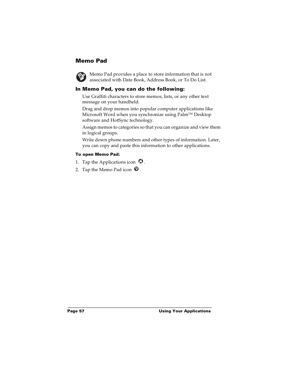 Memo pad, In memo pad, you can do the following, To open memo pad | Palm m100 User Manual | Page 63 / 212