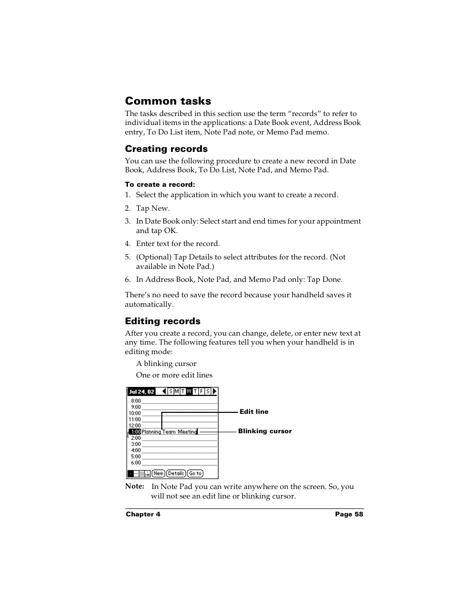 Common tasks, Creating records, To create a record | Editing records, Creating records editing records | Palm m100 User Manual | Page 64 / 212