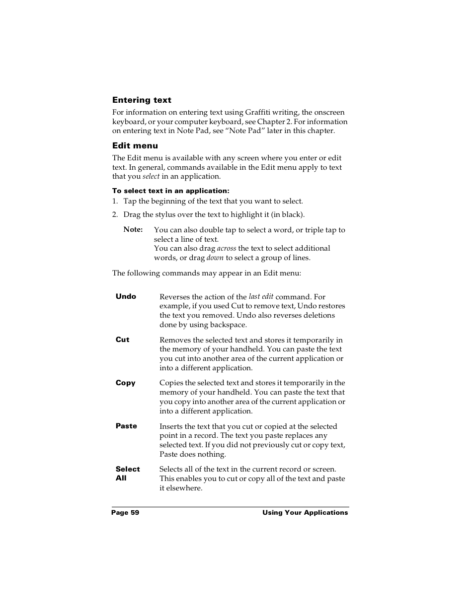 Entering text, Edit menu, To select text in an application | Palm m100 User Manual | Page 65 / 212