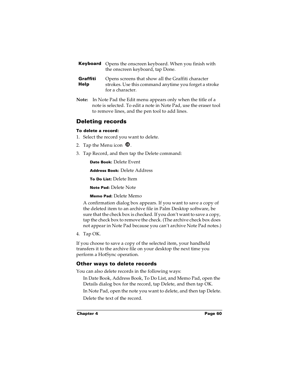 Deleting records, To delete a record, Other ways to delete records | Palm m100 User Manual | Page 66 / 212
