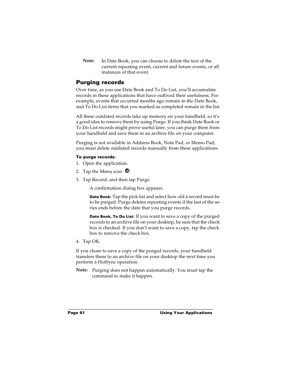 Purging records, To purge records | Palm m100 User Manual | Page 67 / 212