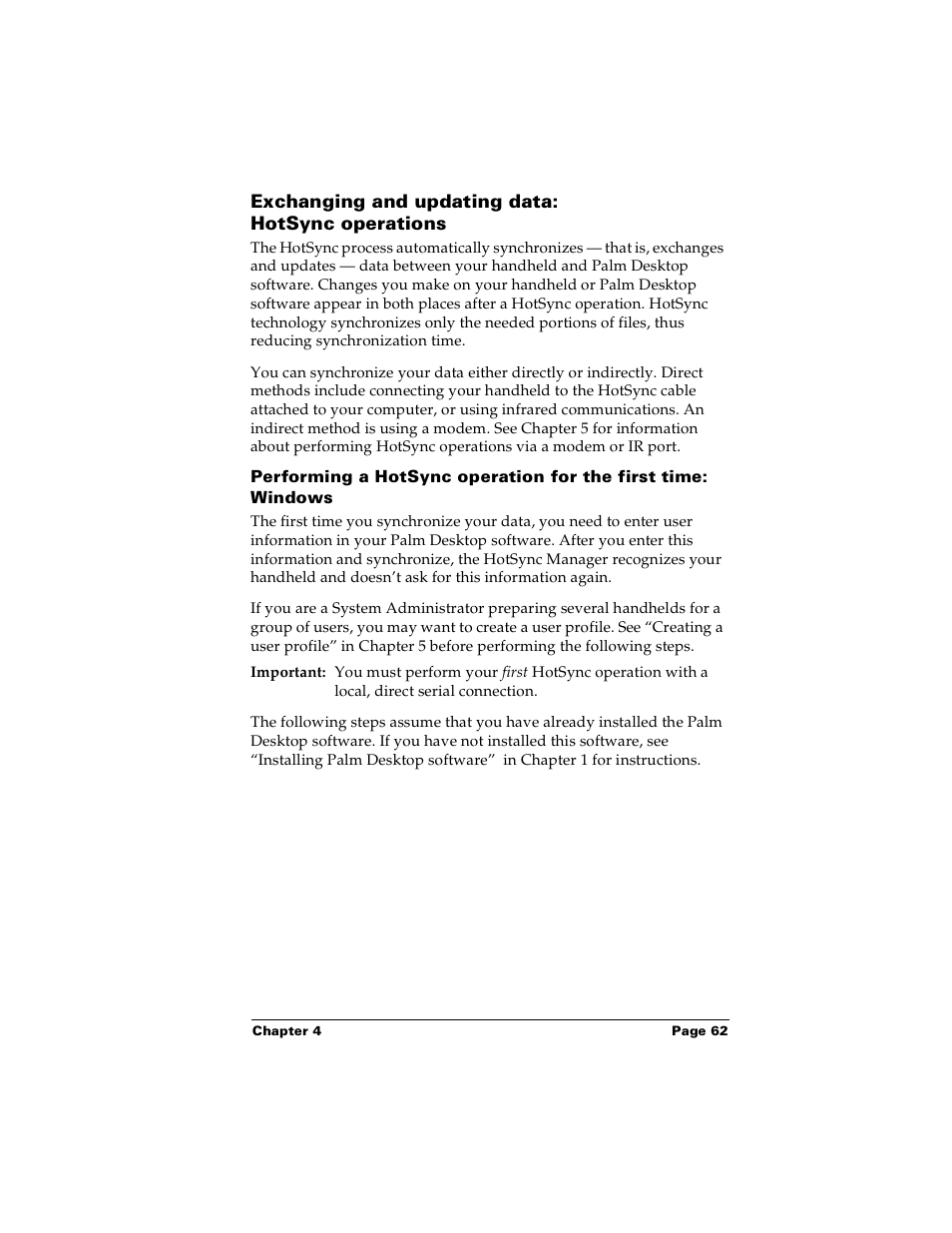 Exchanging and updating data: hotsync operations | Palm m100 User Manual | Page 68 / 212