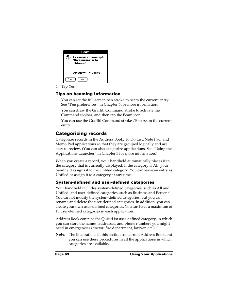 Tips on beaming information, Categorizing records, System-defined and user-defined categories | Palm m100 User Manual | Page 75 / 212