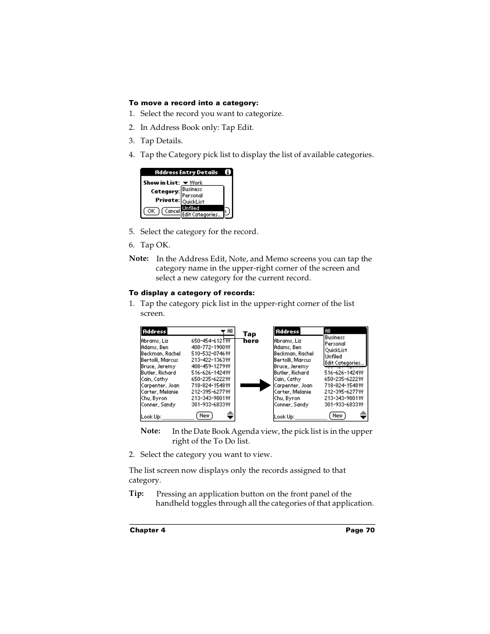 To move a record into a category, To display a category of records | Palm m100 User Manual | Page 76 / 212