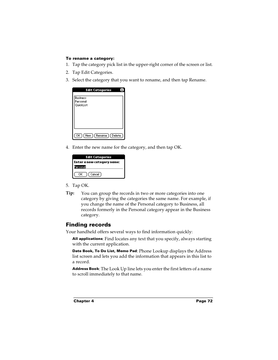 To rename a category, Finding records | Palm m100 User Manual | Page 78 / 212