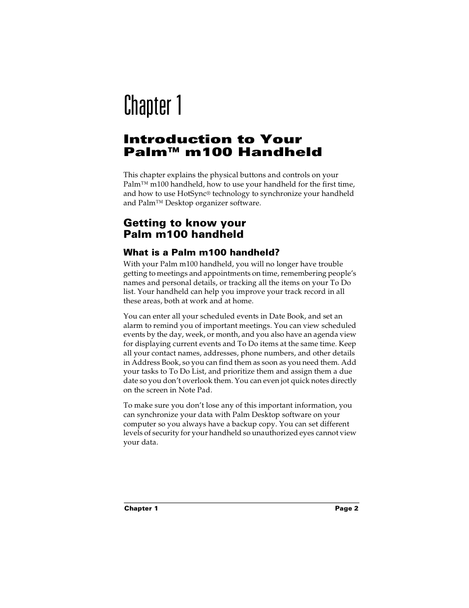 Chapter 1, Introduction to your palm™ m100 handheld, Getting to know your palm m100 handheld | What is a palm m100 handheld | Palm m100 User Manual | Page 8 / 212