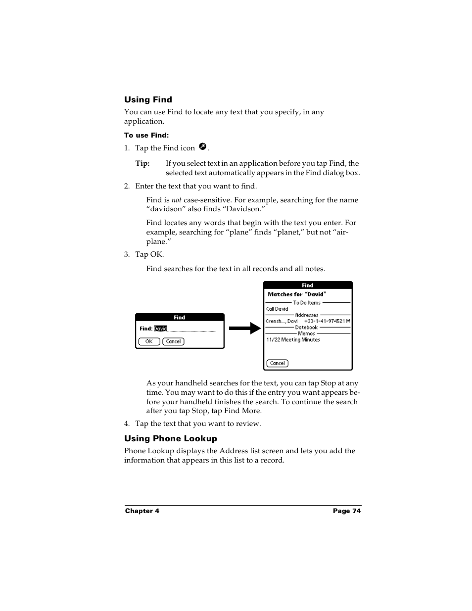 Using find, To use find, Using phone lookup | Palm m100 User Manual | Page 80 / 212