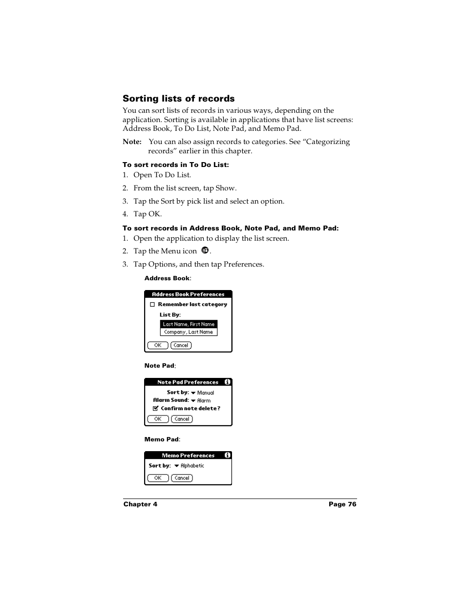 Sorting lists of records, To sort records in to do list | Palm m100 User Manual | Page 82 / 212