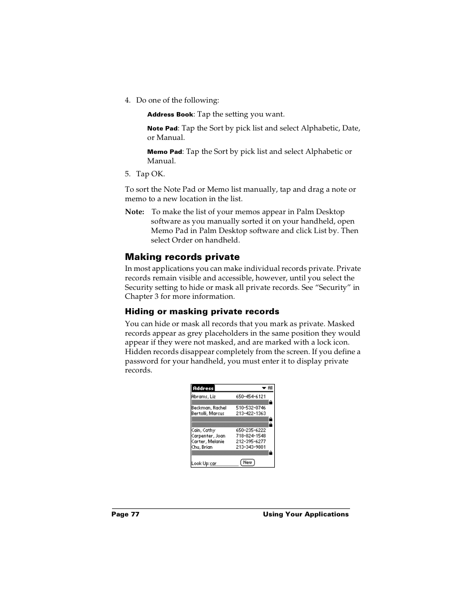 Making records private, Hiding or masking private records | Palm m100 User Manual | Page 83 / 212